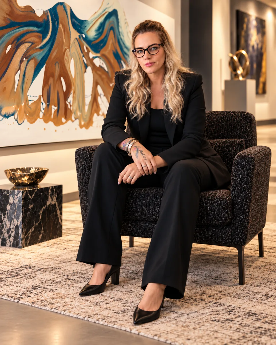 Portrait of artist Kama Balluchi seated in a gallery beside her abstract work