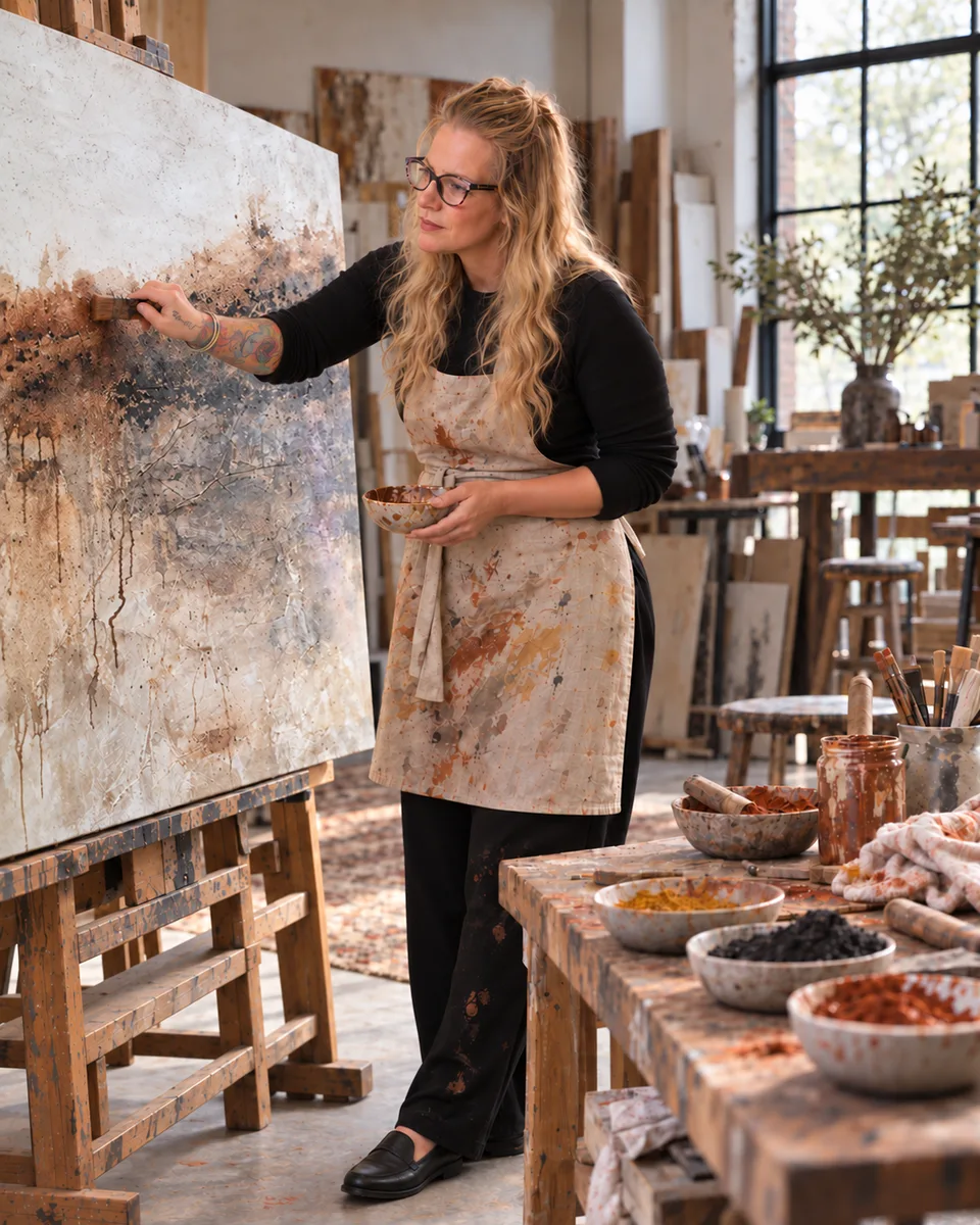 Kama Balluchi painting a textured abstract canvas in her studio