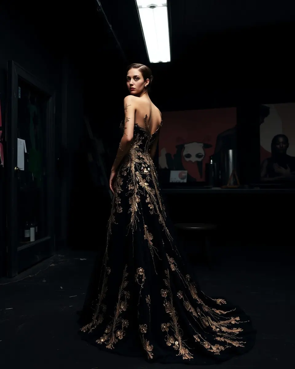 Bespoke couture gown with hand-applied gold detailing inspired by an original artwork